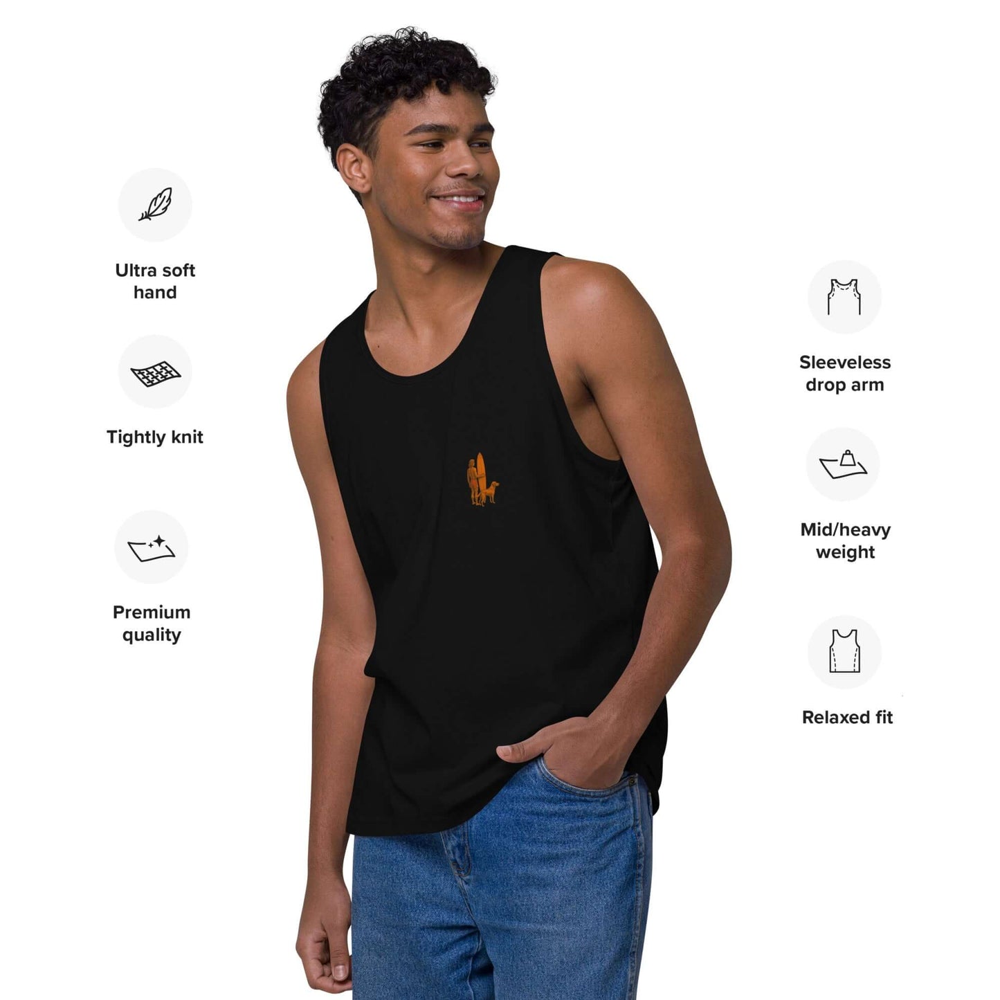 Model wearing Sunset Dreams premium surf tank top highlighting its ultra soft fabric and relaxed fit.