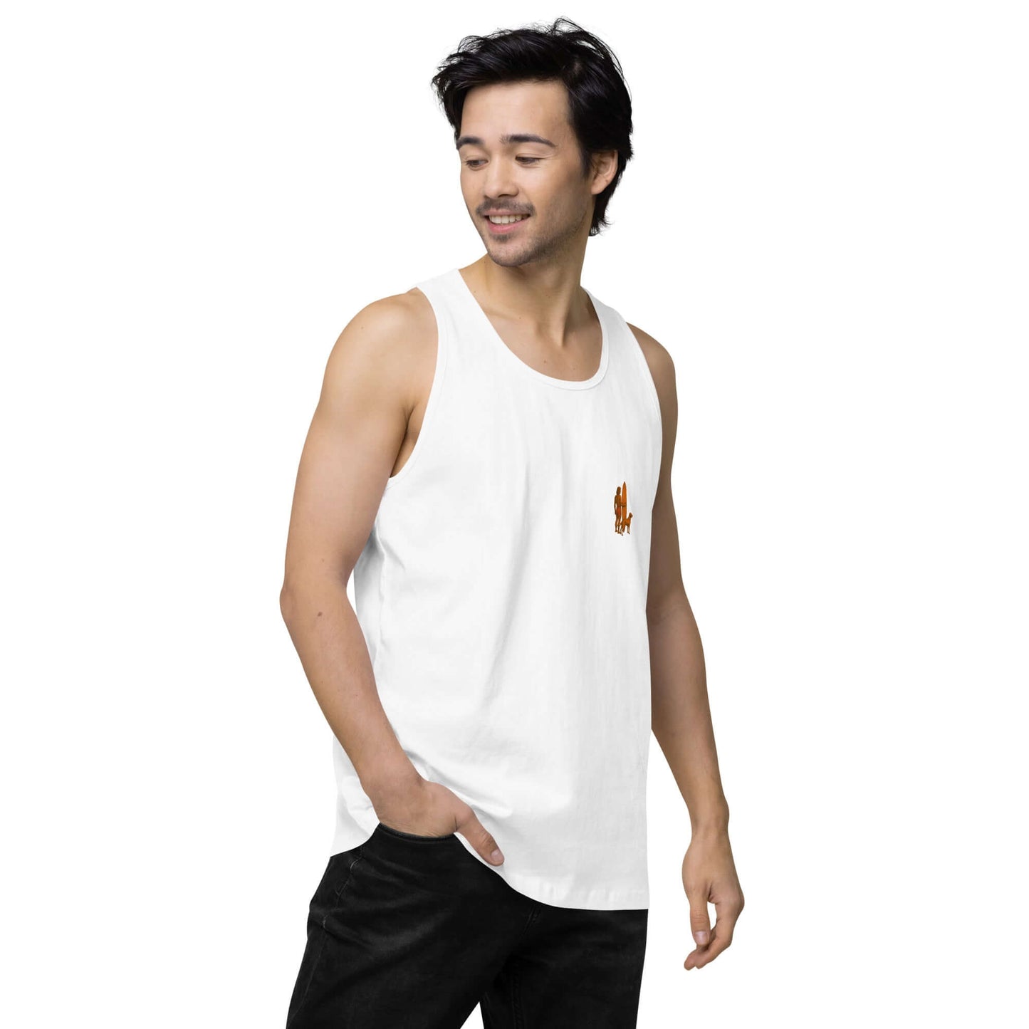 Man wearing a white tank top featuring a minimalist surfer design, embodying coastal vibes and active lifestyle.