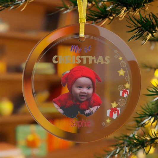 My 1st Christmas Ornament – Glass Keepsake (Single or Bundle of 5) featuring a baby in a red outfit.