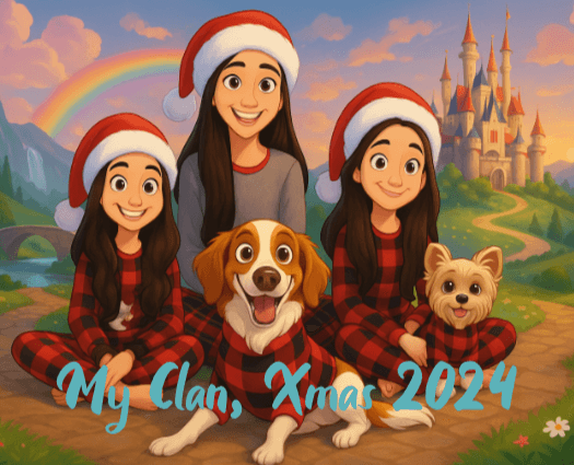 Whimsical personalized cartoon puzzle with family and pets in festive attire, featuring a Disney-inspired background.