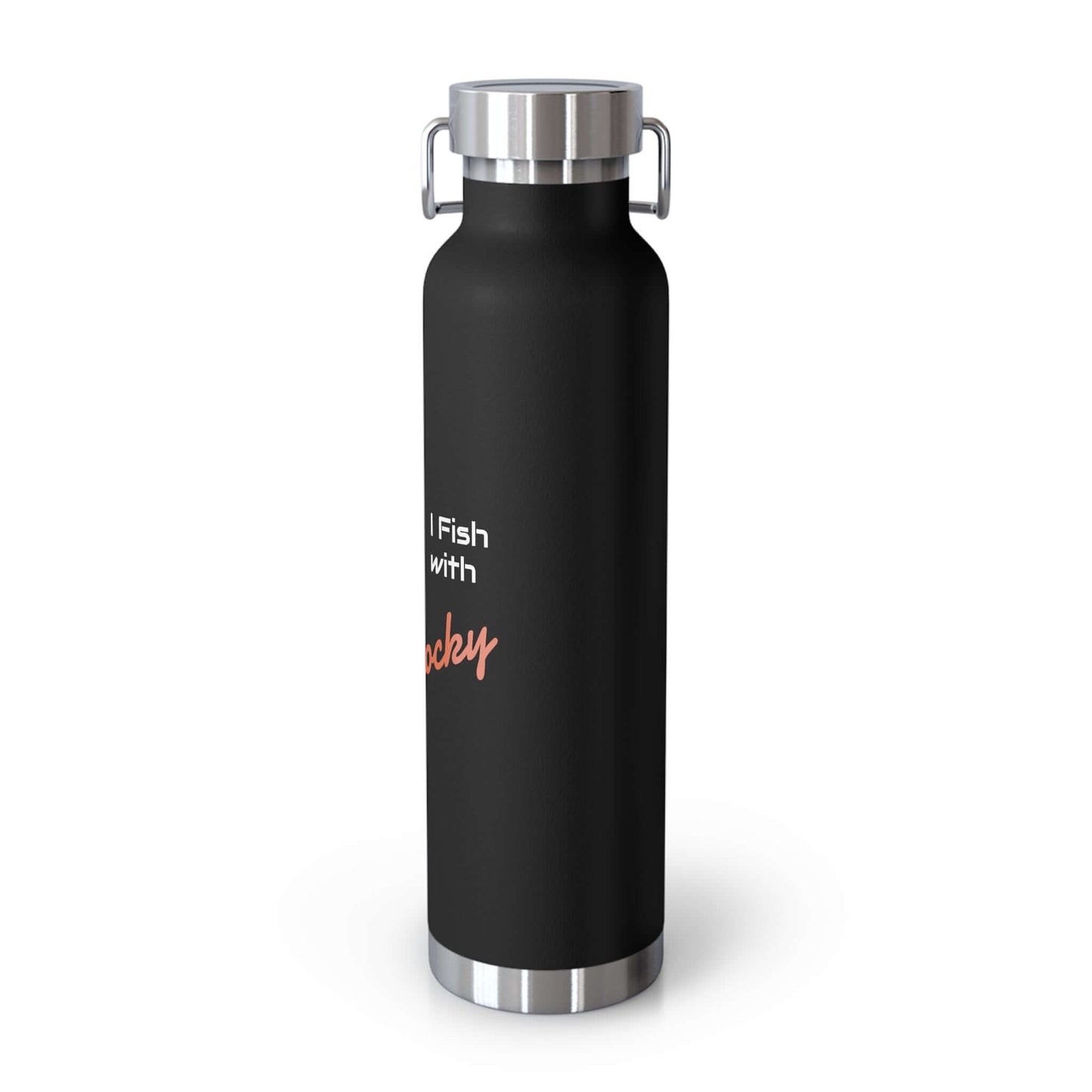Personalized black insulated bottle with stainless steel lid, perfect for fishing adventures with your dog.