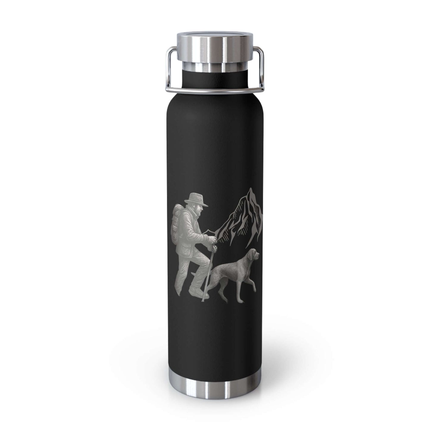 Personalized hiking bottle with mountain design, featuring a hiker and dog, perfect for outdoor adventures.