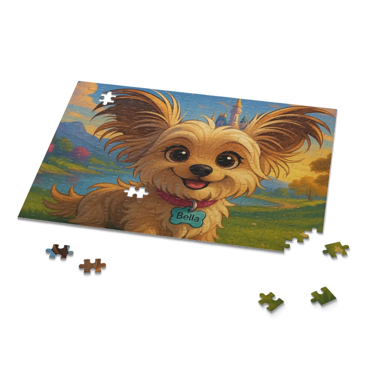 Personalized cartoon puzzle featuring a happy dog with the name Bella against a colorful Disney-inspired background.