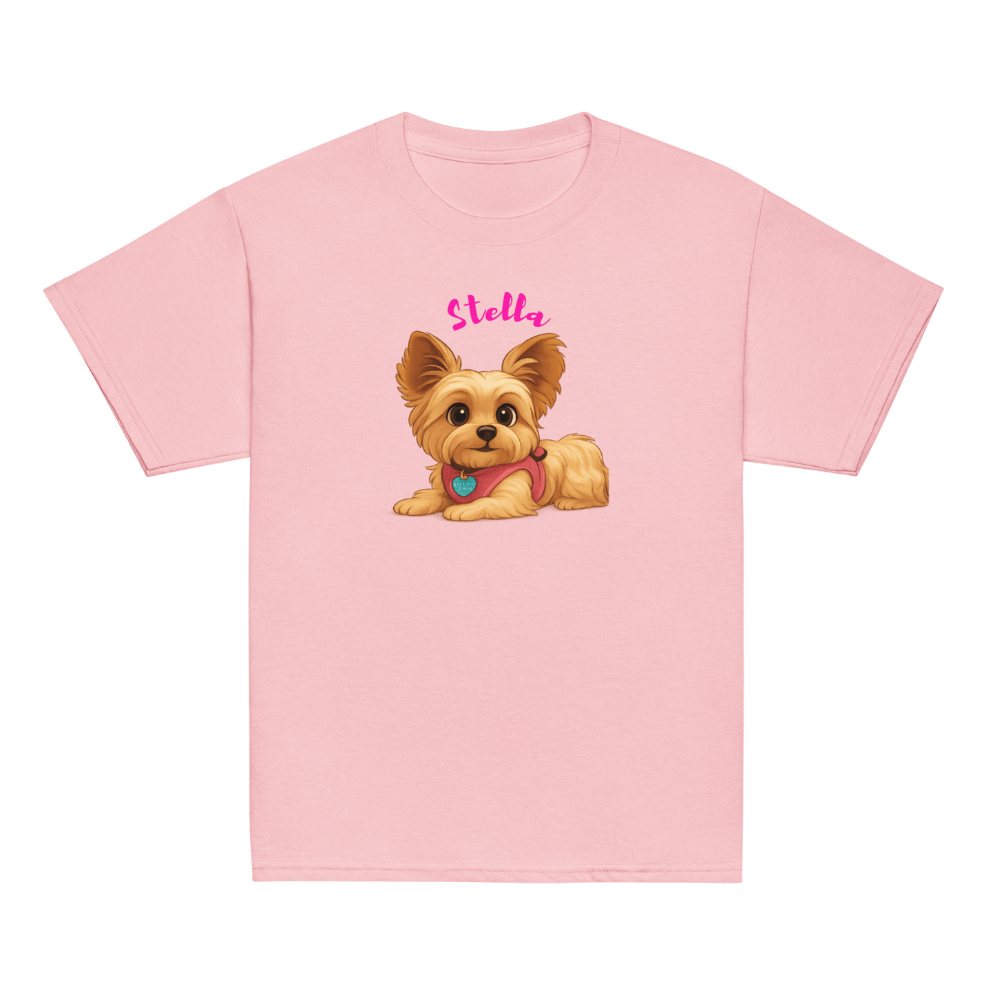 Personalized pink youth shirt featuring cartoon dog illustration with name "Stella" for kids.