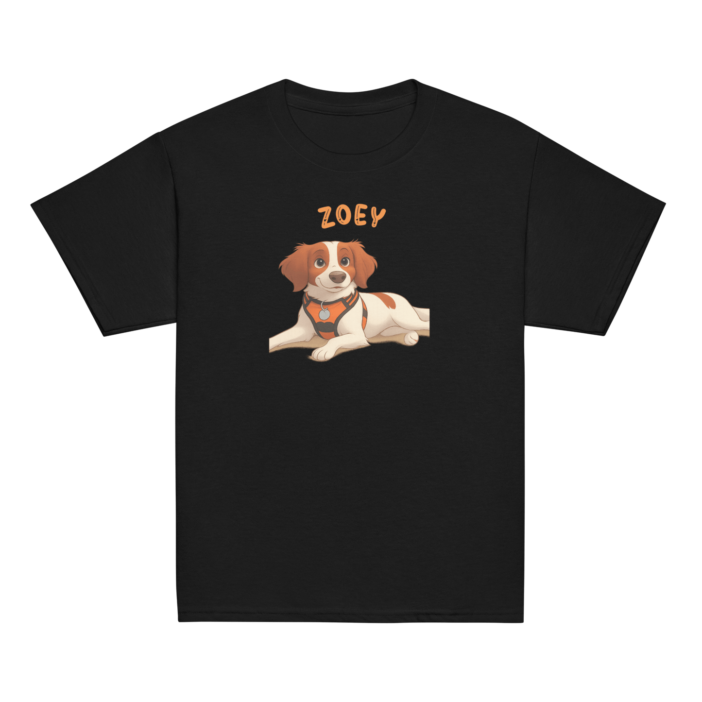Personalized cartoon pet shirt featuring a dog illustration with the name 'Zoey' for kids.