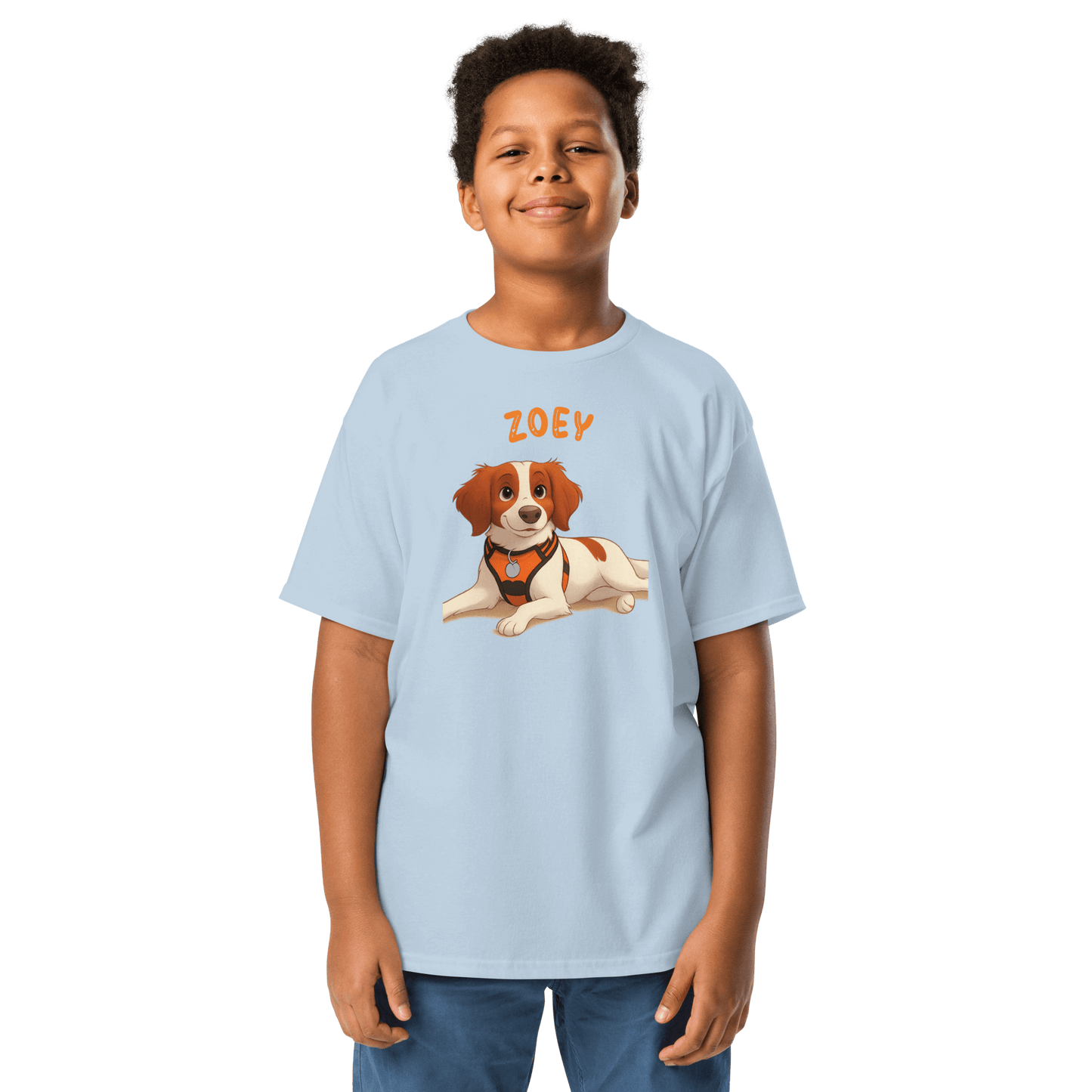 Child wearing a light blue personalized shirt featuring a cartoon dog named Zoey.