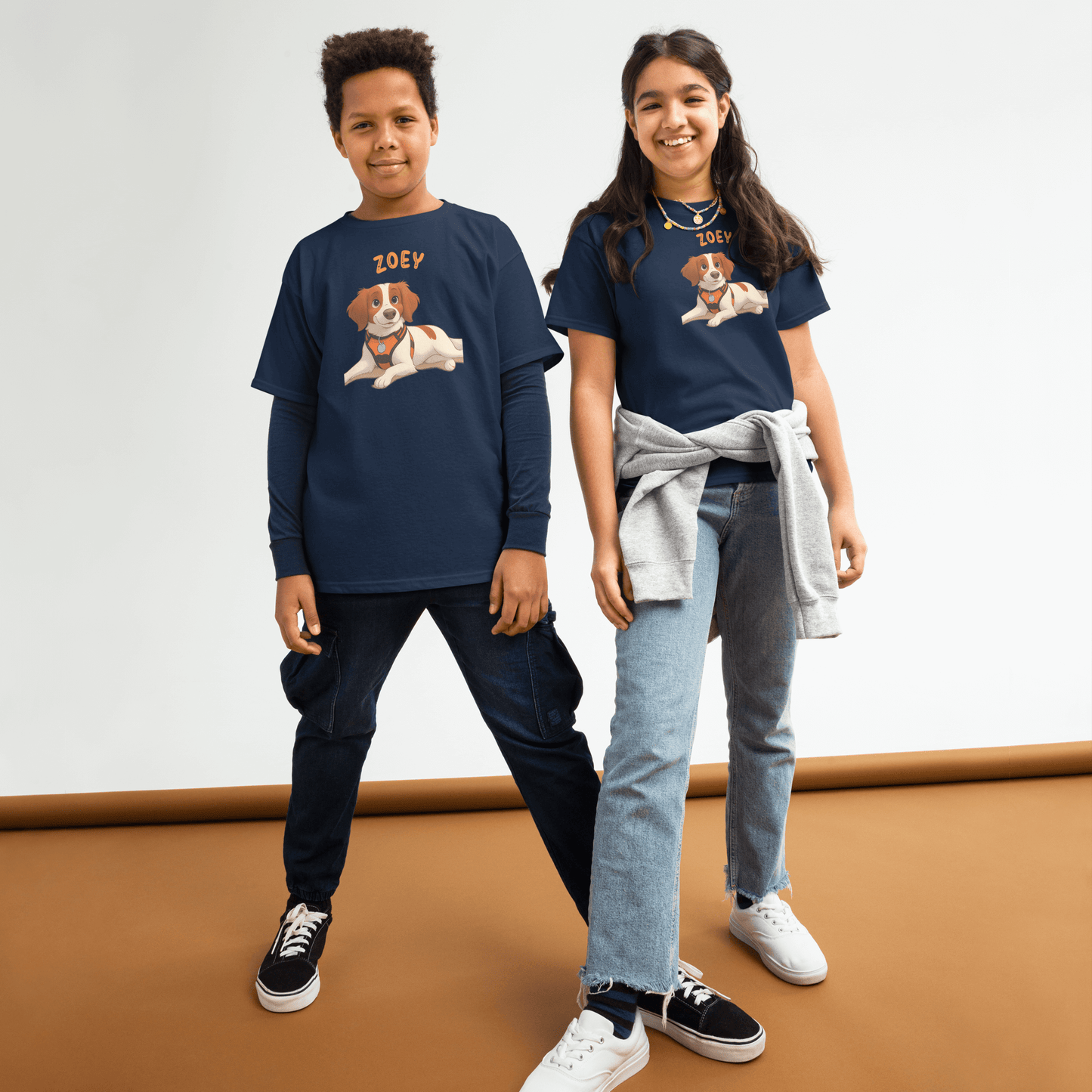 Kids wearing Personalized Cartoon Pet Shirts featuring a dog illustration and custom name for a playful look.