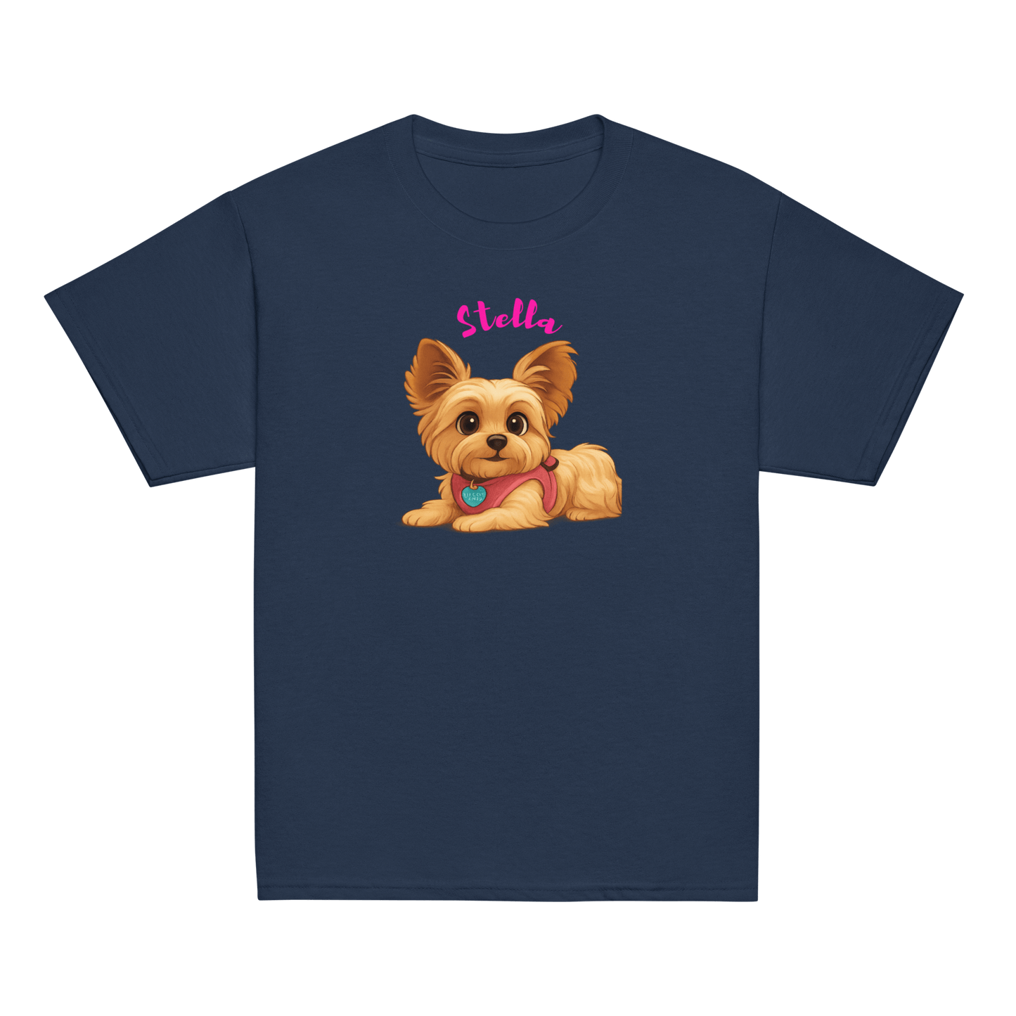 Personalized cartoon pet shirt for kids featuring a cute dog illustration with the name Stella.