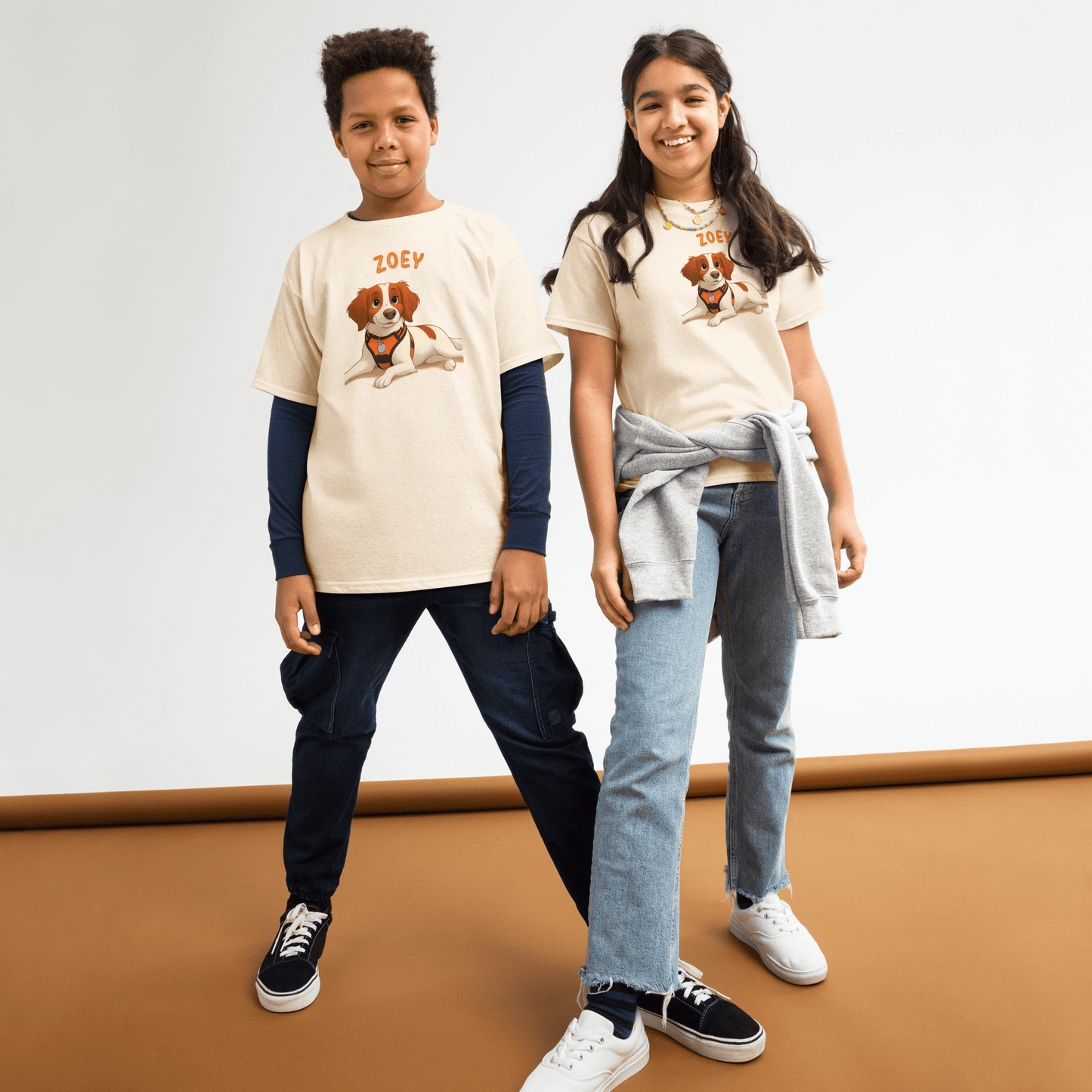 Kids wearing Personalized Cartoon Pet Shirts featuring a playful dog illustration and custom names.