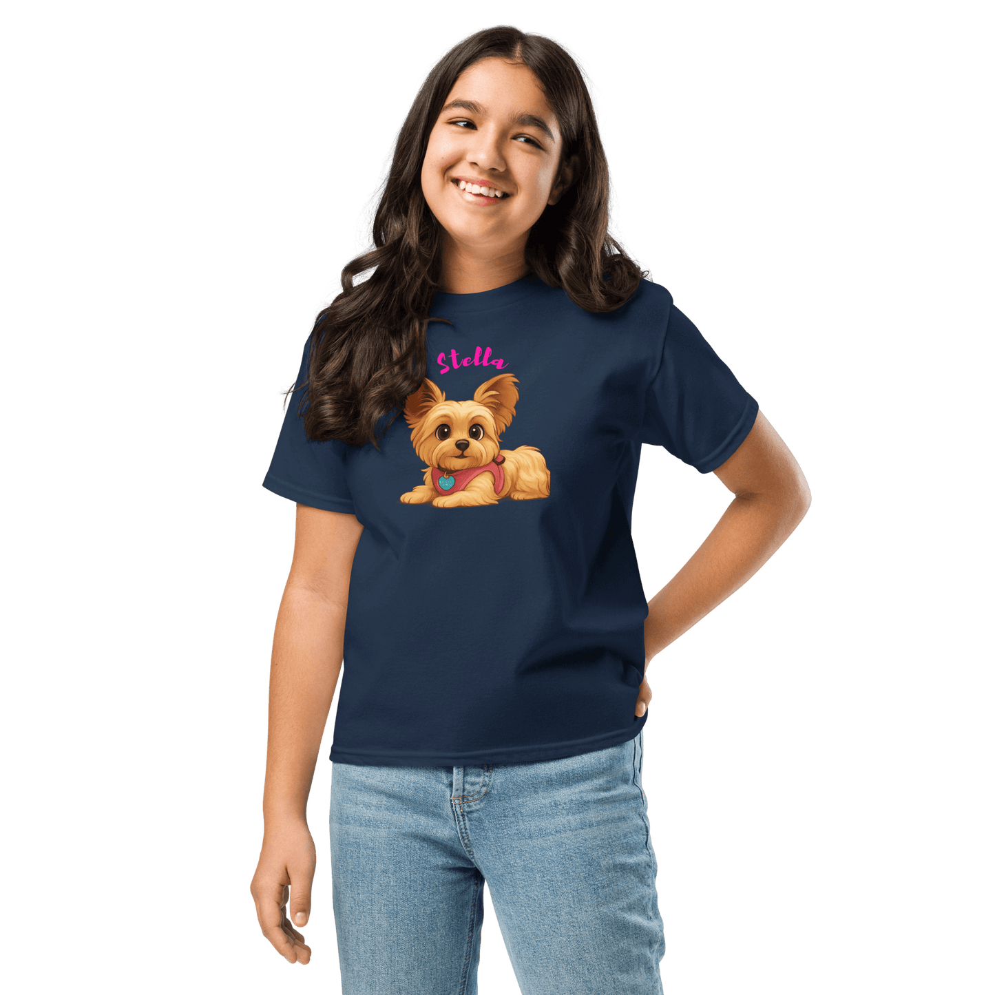 Girl wearing a navy shirt featuring a cartoon illustration of a Yorkie dog named Stella.