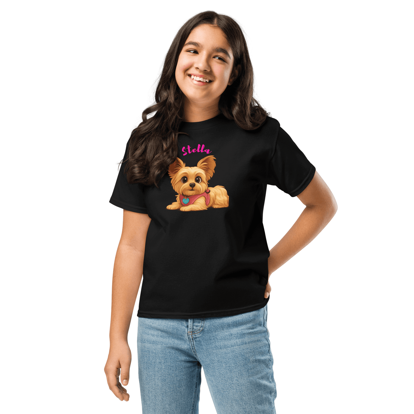 Youth wearing a personalized cartoon pet shirt featuring a cute dog illustration and custom name Stella.