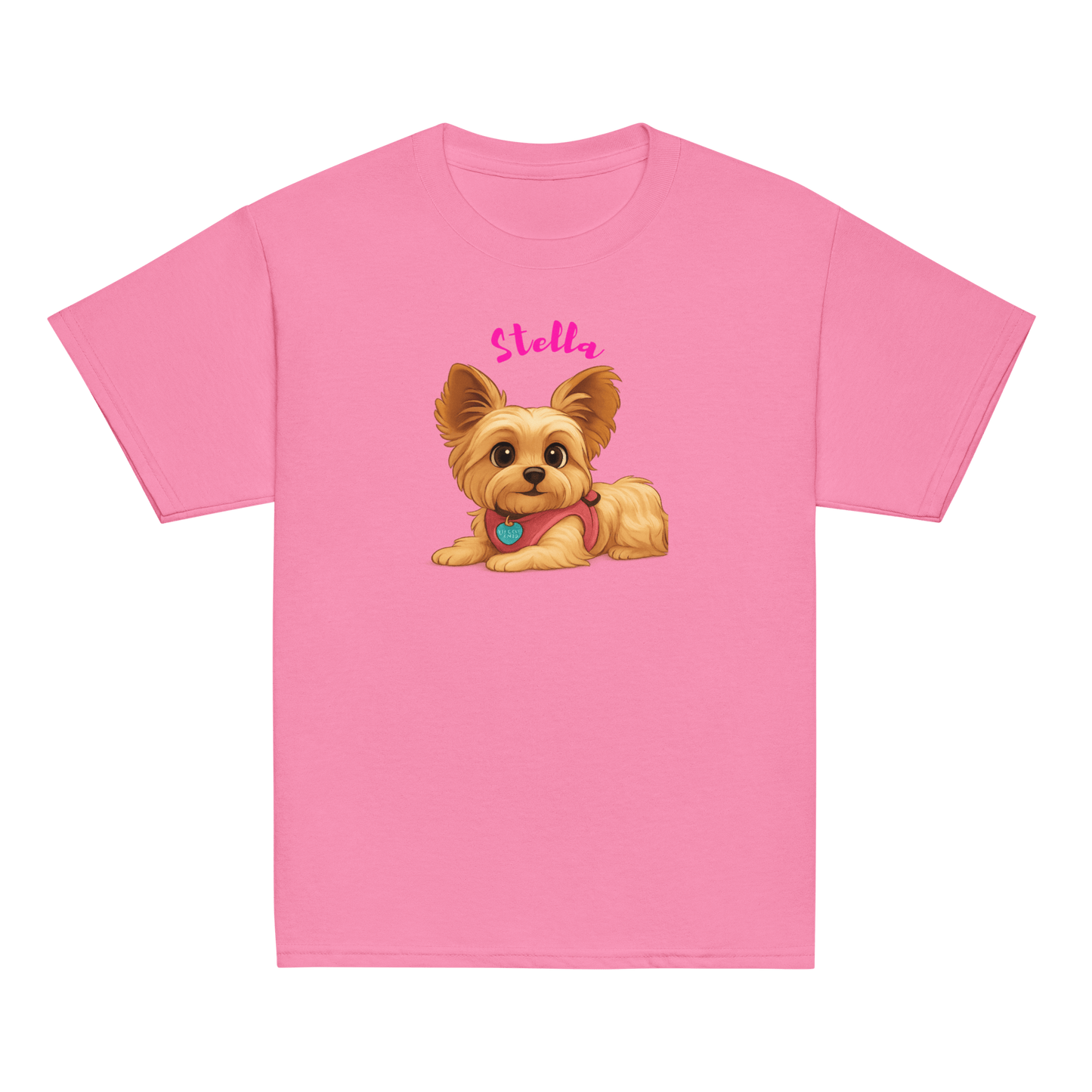 Personalized pink youth shirt featuring a cartoon illustration of a dog named Stella.