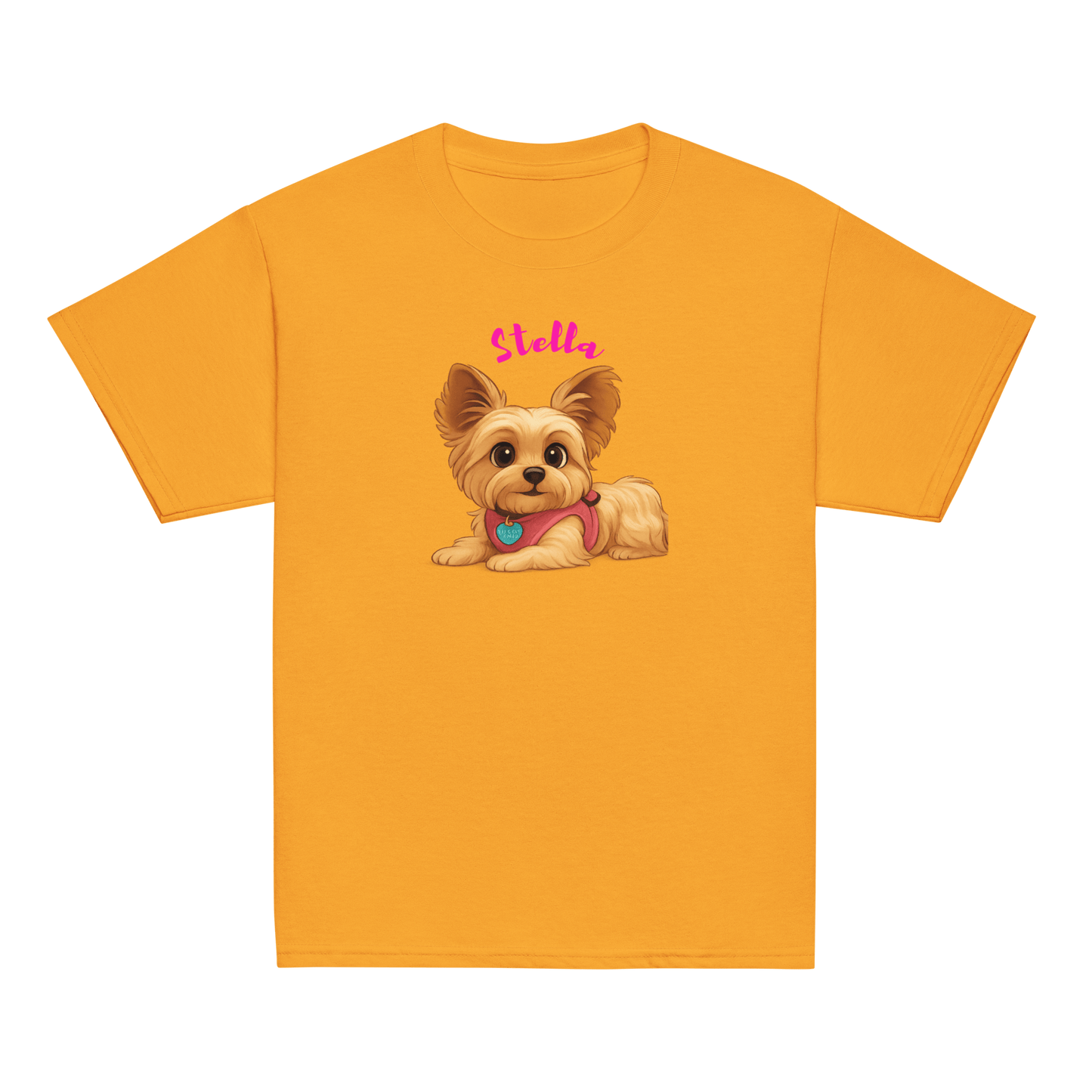Personalized yellow kids shirt featuring cartoon dog illustration and custom name Stella.