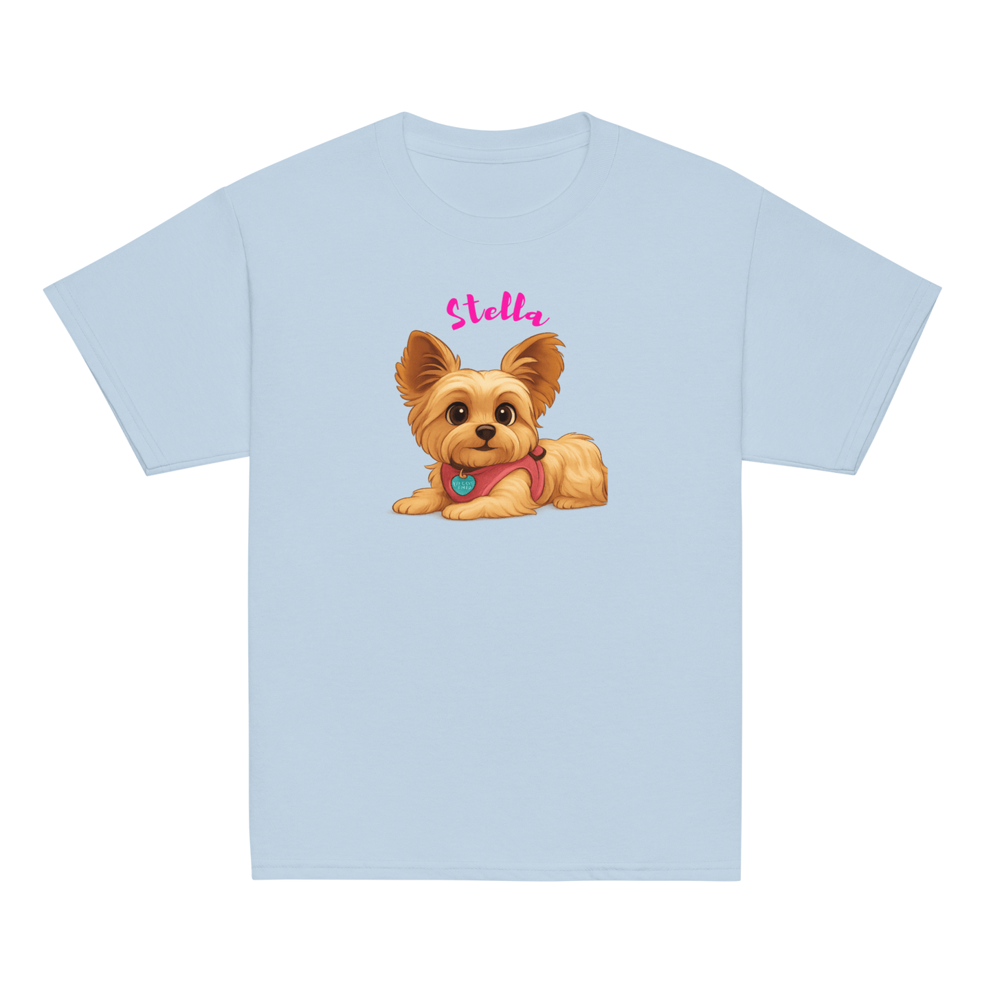 Personalized cartoon pet shirt for kids featuring a cute illustrated dog named Stella, perfect for adventures.