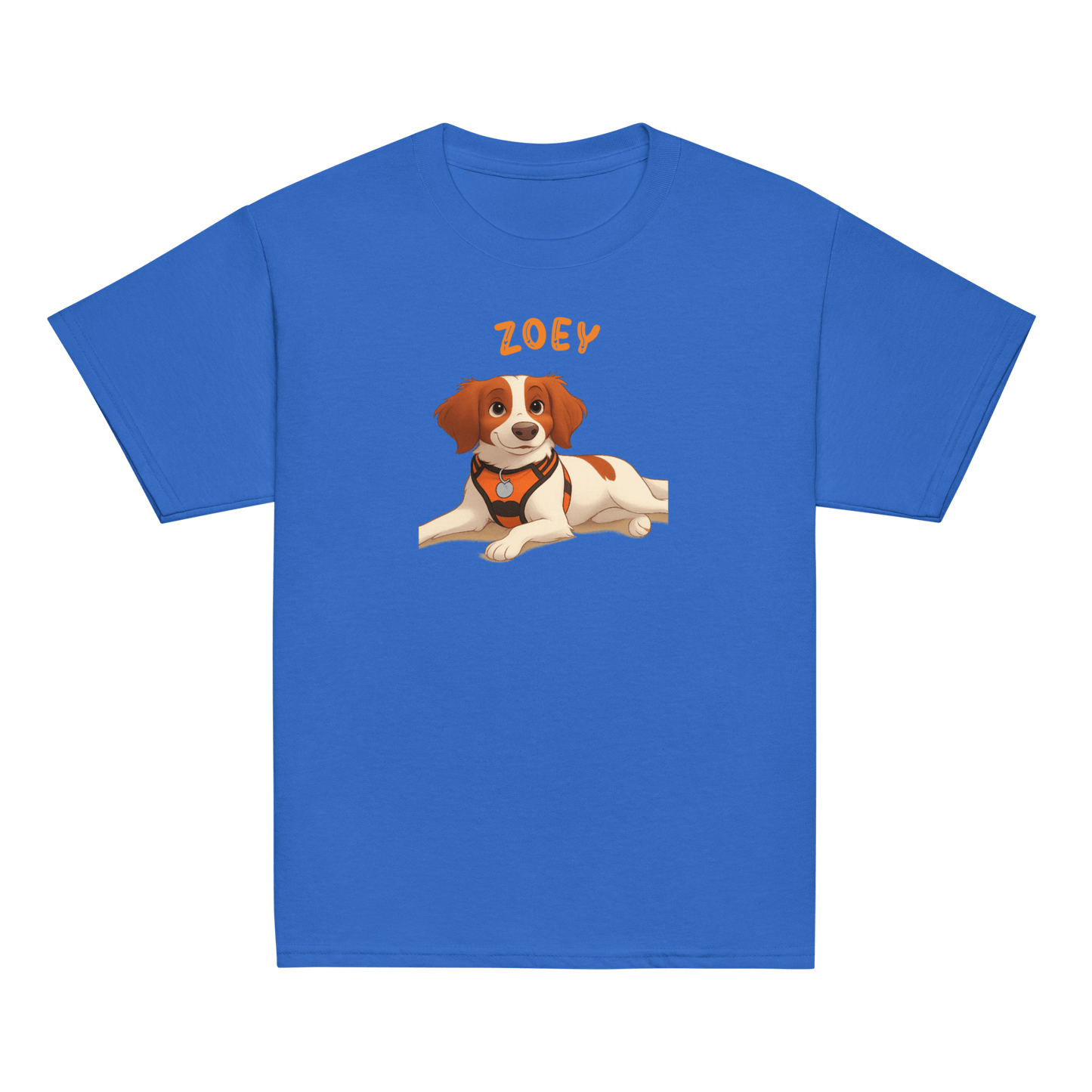 Personalized blue kid's shirt featuring cartoon dog Zoey, perfect for pet lovers and adventure-ready kids.