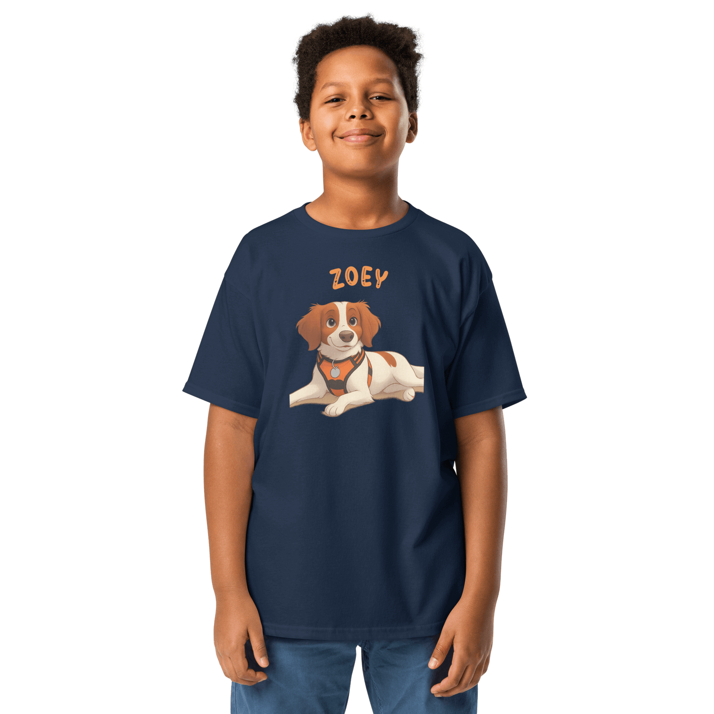 Child wearing personalized Cartoon Pet Shirt featuring cartoon dog named Zoey.