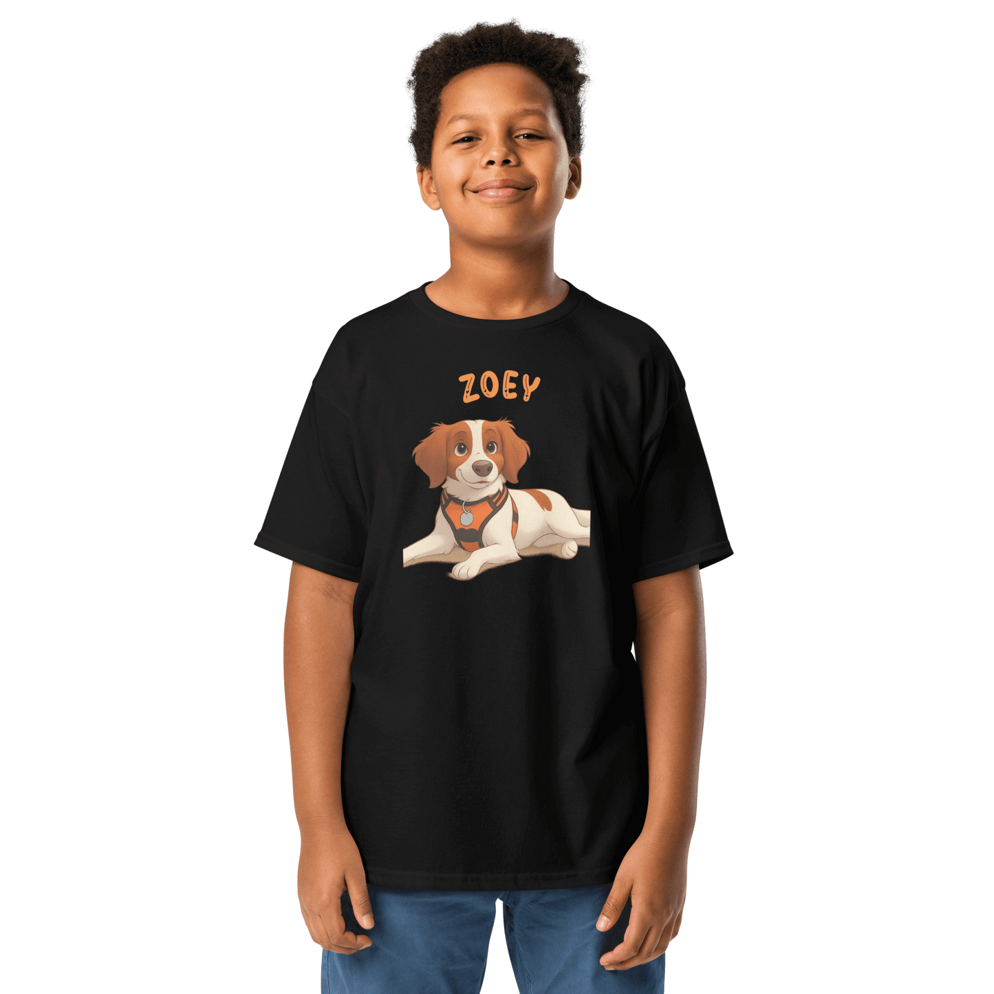 Child wearing a personalized cartoon pet shirt featuring a dog illustration and the name Zoey.