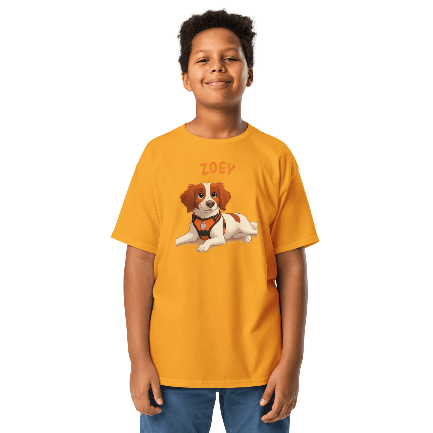 Boy wearing a personalized cartoon pet shirt featuring a dog illustration and the name 'Zoey,' perfect for kids.