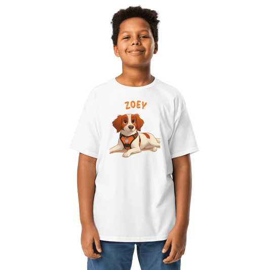 Kid wearing a personalized cartoon pet shirt featuring a dog named Zoey, colorful and playful design.