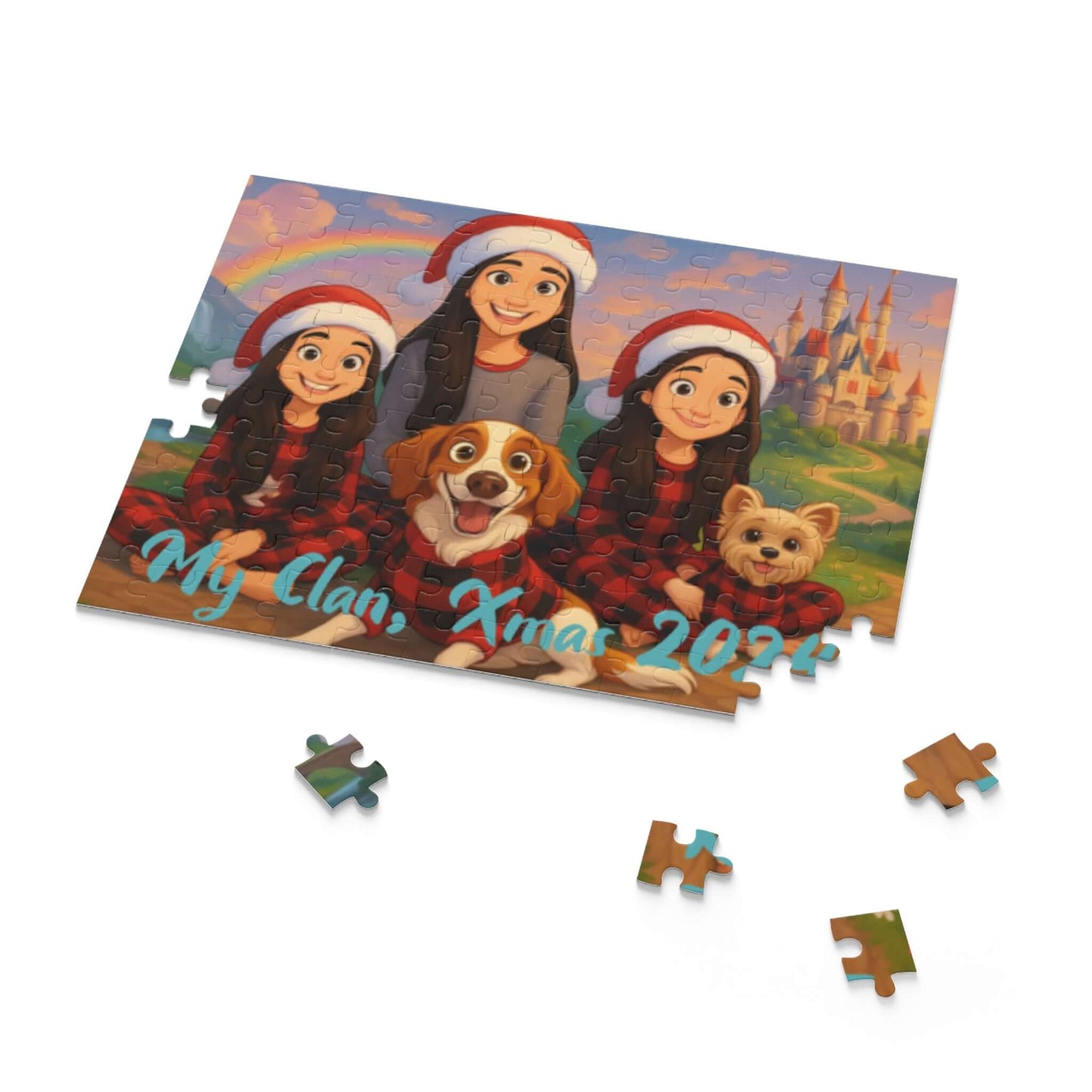 Personalized cartoon puzzle of a family with pets, festive background, and custom text for a joyful keepsake.