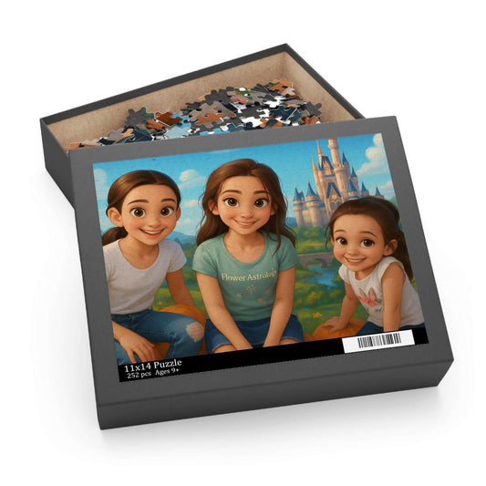 Personalized Cartoon Puzzle box featuring three smiling girls with a Disney-inspired castle background.