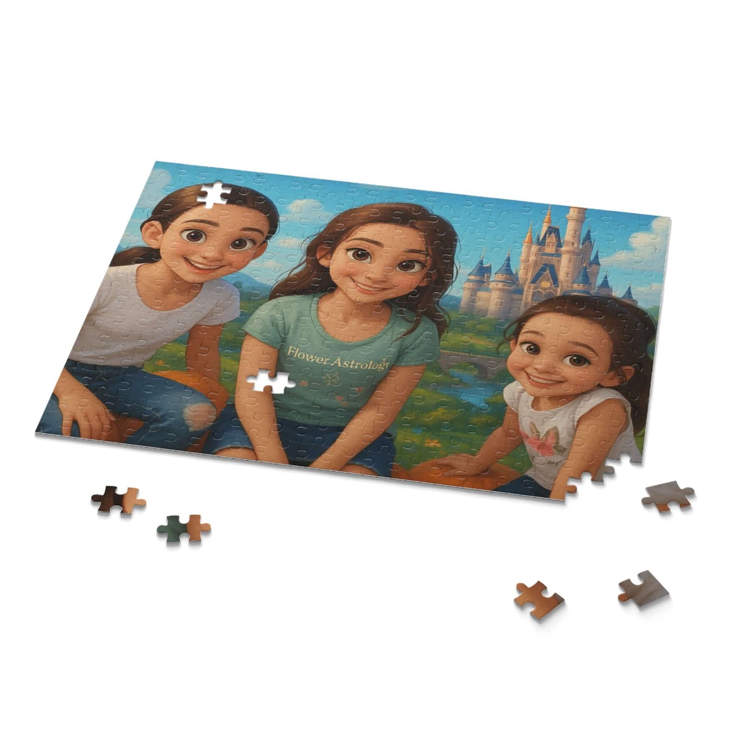 Personalized cartoon puzzle featuring three smiling girls against a Disney-inspired background with castle.
