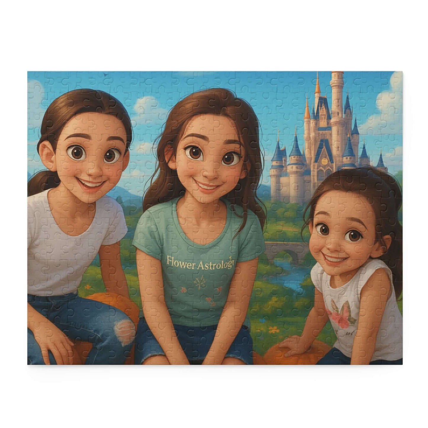 Personalized cartoon puzzle featuring three girls smiling in a Disney-inspired castle background.