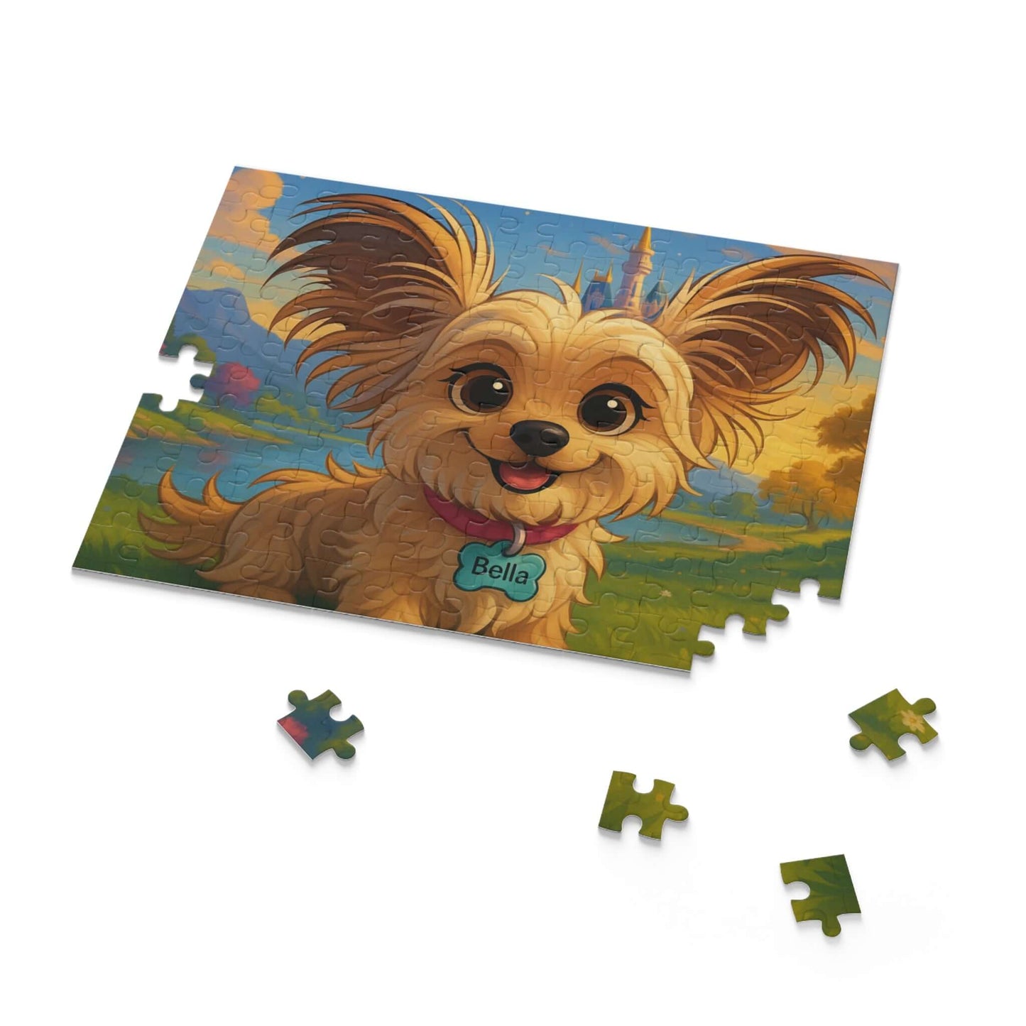 Personalized cartoon puzzle featuring a happy dog named Bella against a Disney-inspired background.