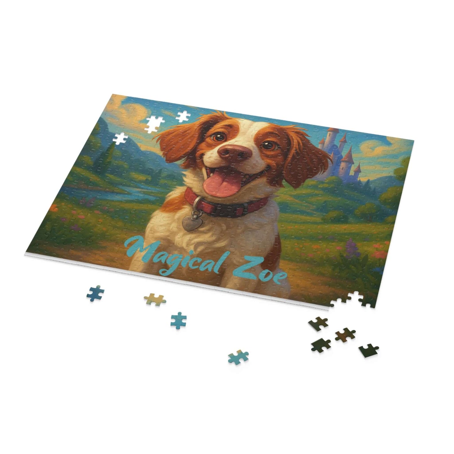 Personalized cartoon puzzle featuring a dog in a magical landscape with the name 'Magical Zoe'.