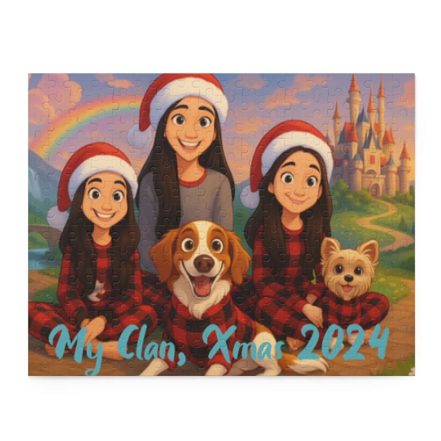 Personalized cartoon puzzle with family in matching outfits and pets, festive design for Christmas 2024.