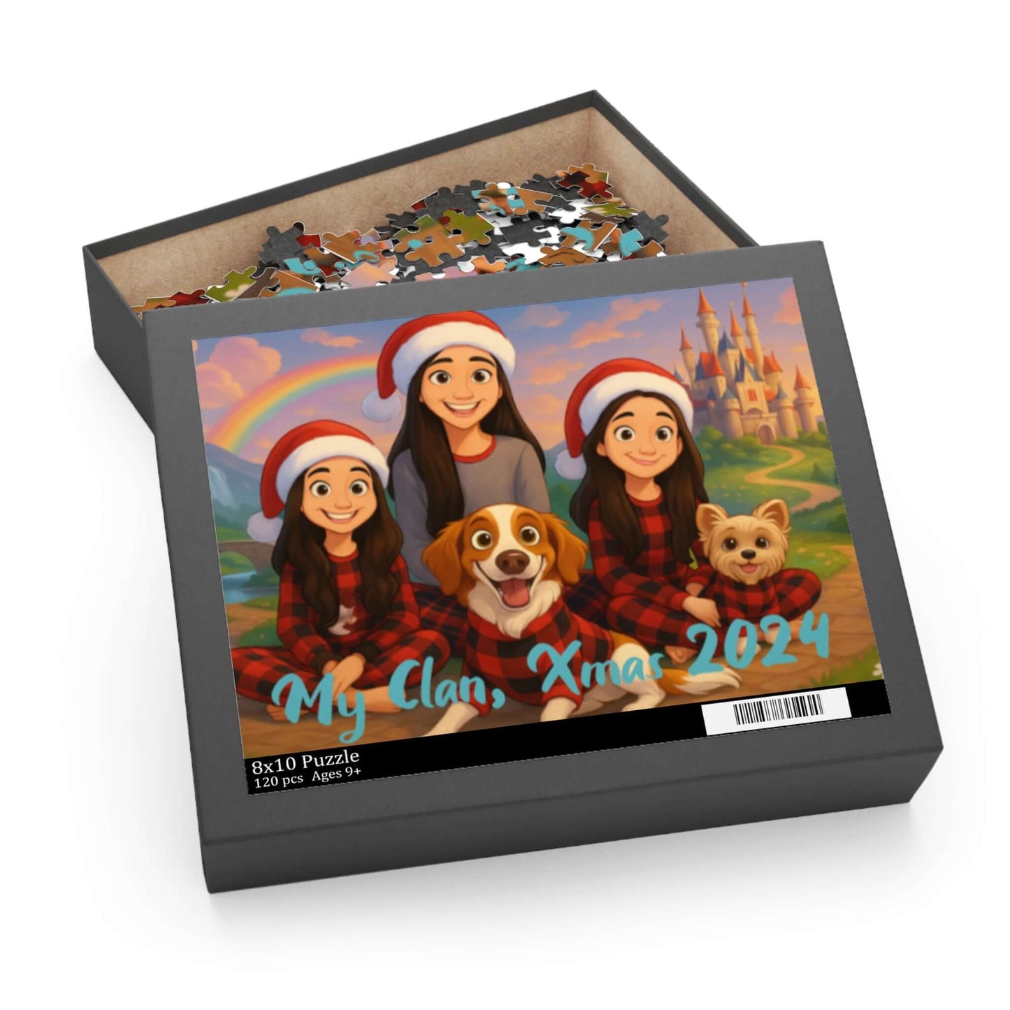 Personalized cartoon puzzle featuring a family with pets, holiday theme, and whimsical Disney-inspired background.