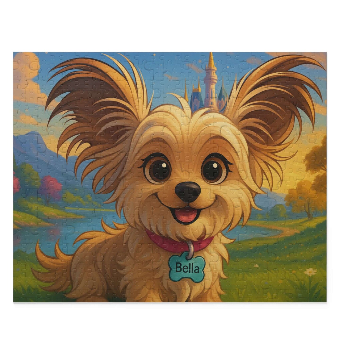Cartoon-style puzzle featuring a cute dog with a magical background, personalized with the name Bella.
