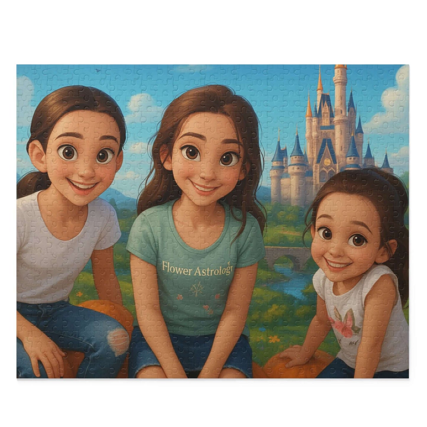 Three animated girls smiling near a fairy tale castle in a colorful puzzle design.