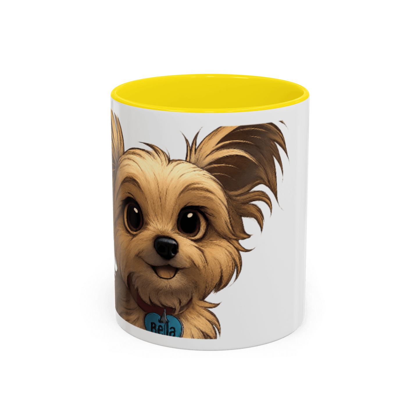 Personalized Pet Cartoon Mug featuring a cute illustrated dog named Bella with a vibrant yellow interior.