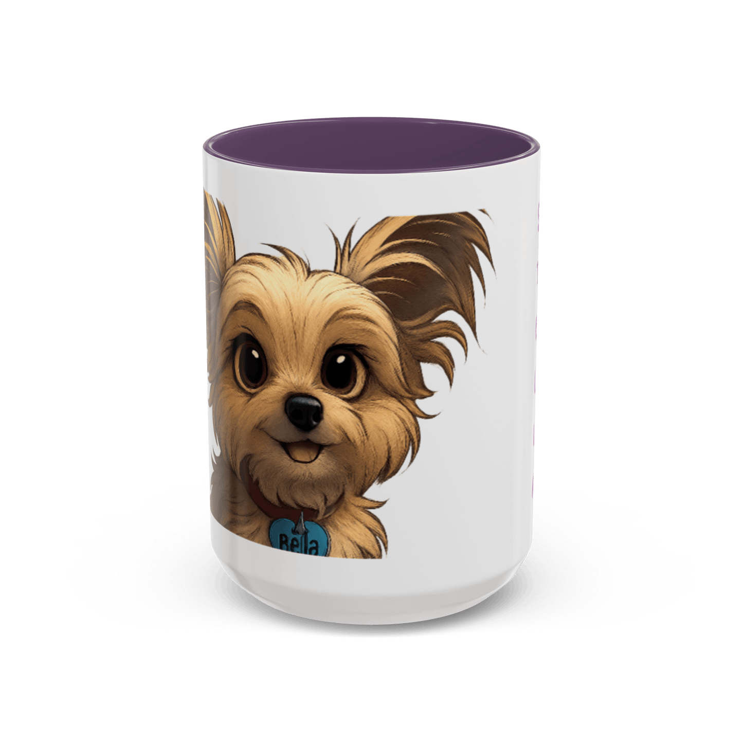 Personalized Pet Cartoon Mug featuring a cute cartoon illustration of a pet dog with the name Bella.