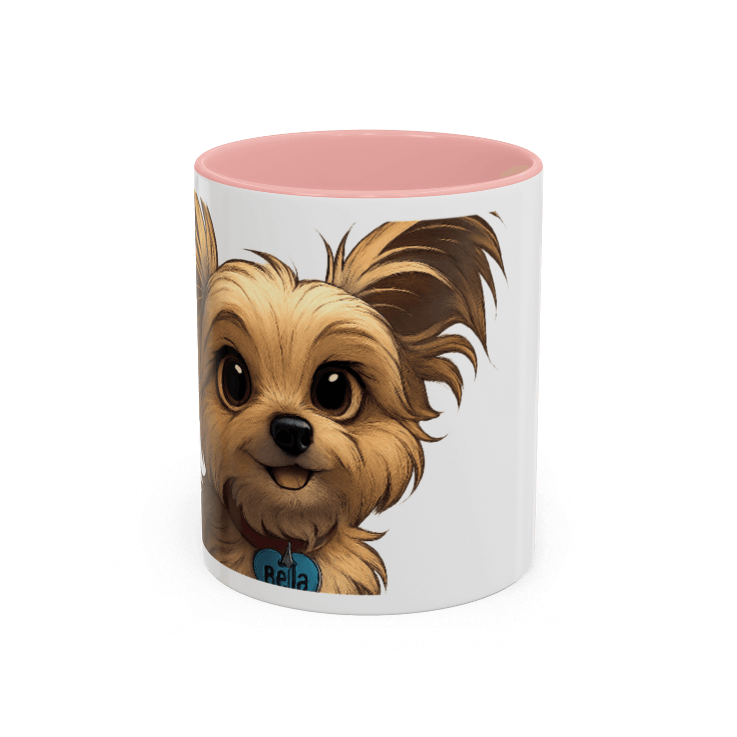 Personalized mug featuring a cartoon illustration of a cute dog named Bella, perfect for pet lovers.