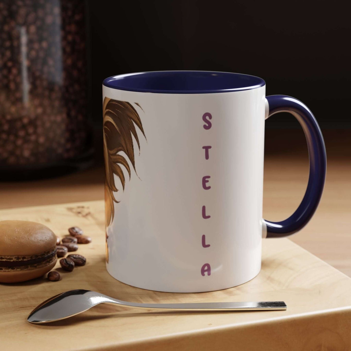 Personalized Pet Cartoon Mug featuring a cartoon dog and the name 'Stella' in playful purple typography.