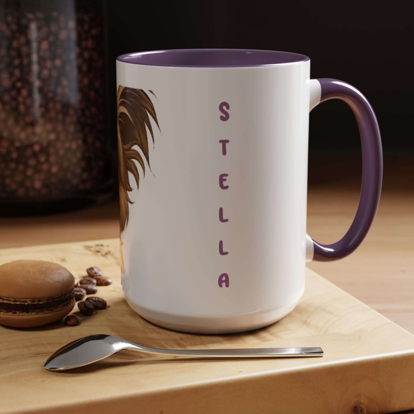 Personalized pet cartoon mug featuring a furry friend and name 'Stella' in playful design on a cozy countertop.