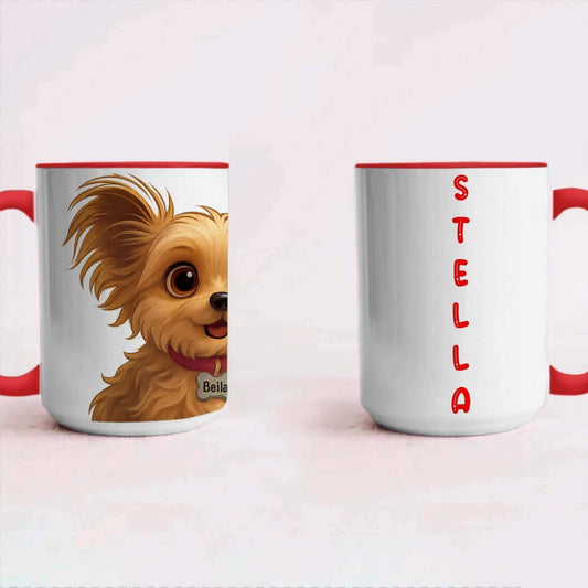 Personalized Pet Cartoon Mug featuring a cute dog illustration and the name Stella in bold red letters.
