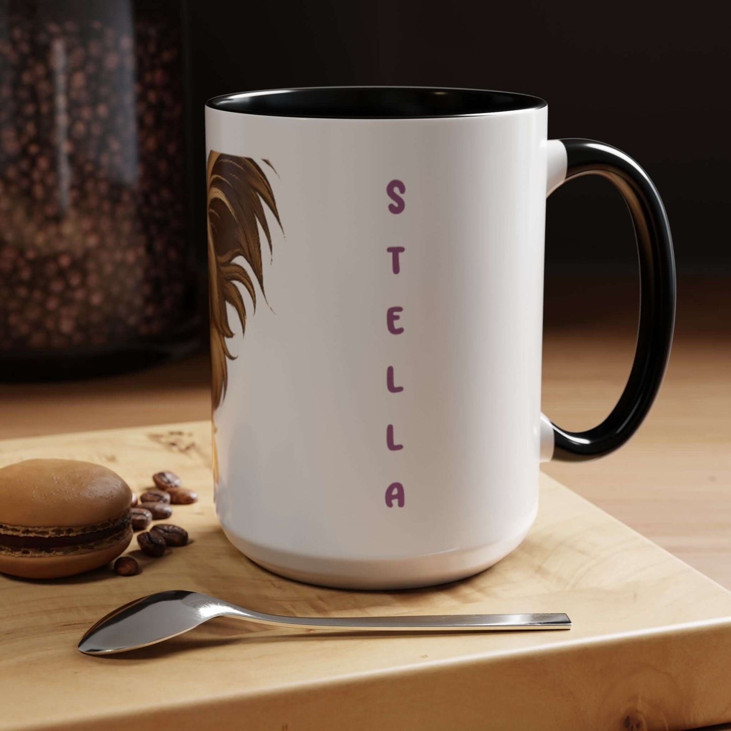 Personalized Pet Cartoon Mug featuring a charming illustration of a furry friend and the name 'Stella'.
