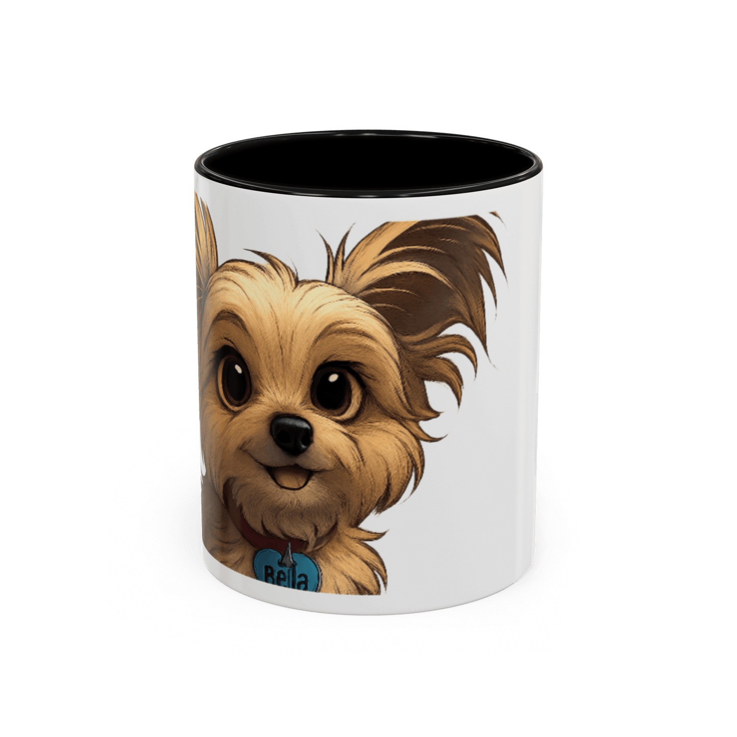 Personalized Pet Cartoon Mug featuring a cute cartoon Yorkie named Bella, perfect for pet lovers.