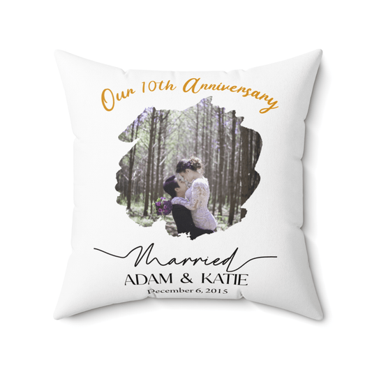 Personalized Photo Pillow – Custom Names & Occasion featuring Our 10th Anniversary design with couple's photo.