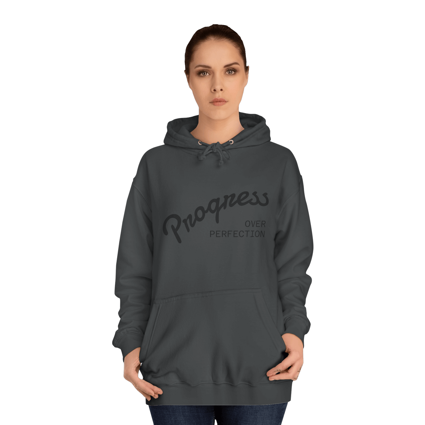 Custom College Hoodie – Add Your Photos, Text & Emojis Your Way featuring 'Progress Over Perfection' design.