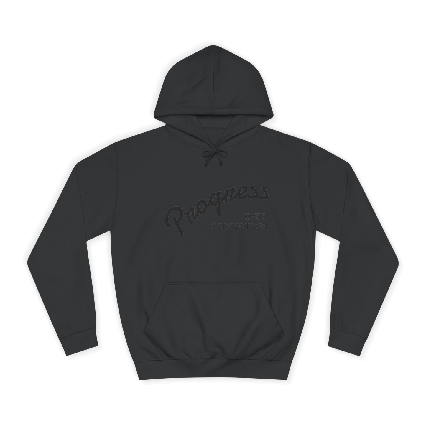 Custom College Hoodie – Add Your Photos, Text & Emojis Your Way in dark gray with "Progress over Perfection" design.
