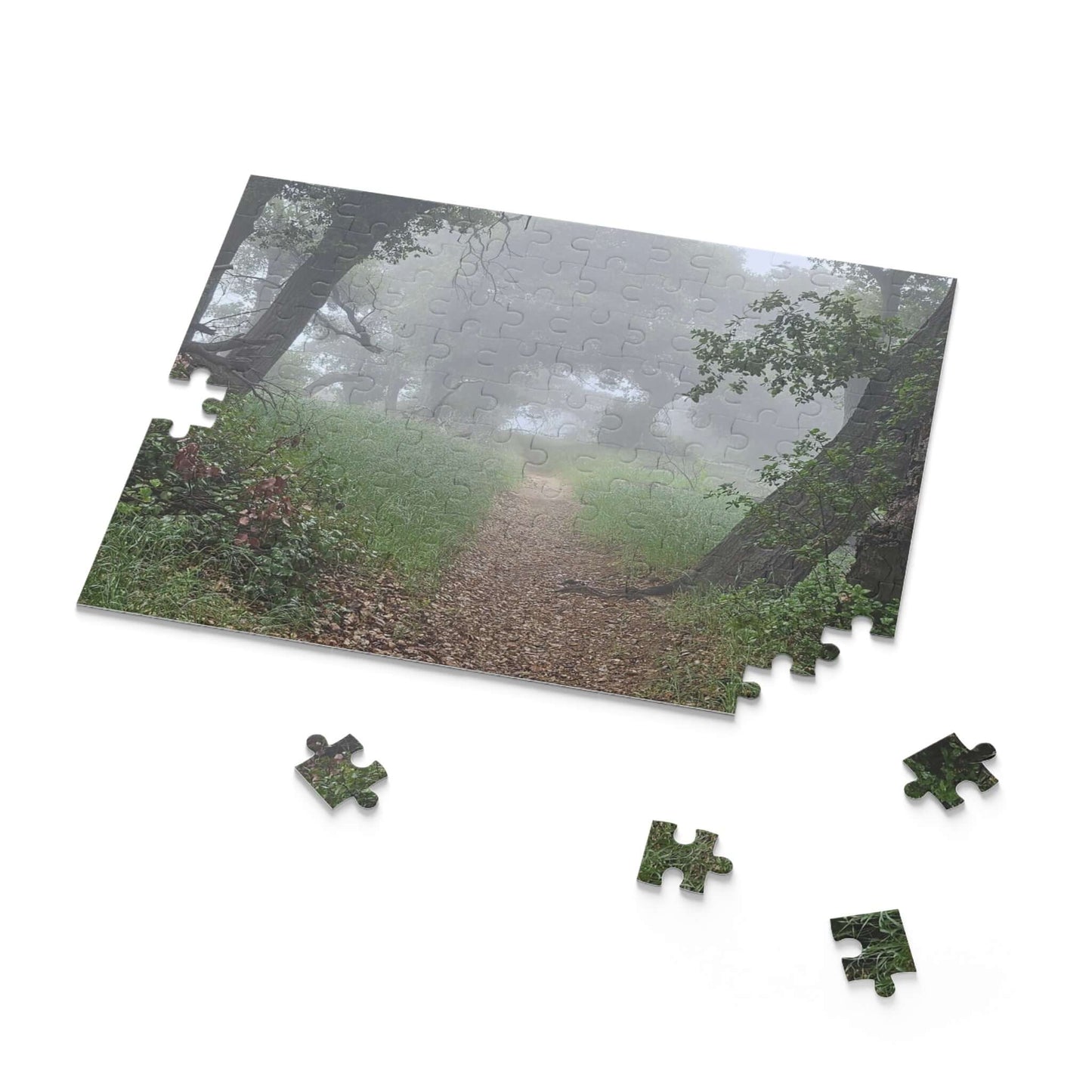 Scenic puzzle pieces of a foggy path surrounded by trees, perfect for creating memorable custom puzzles.