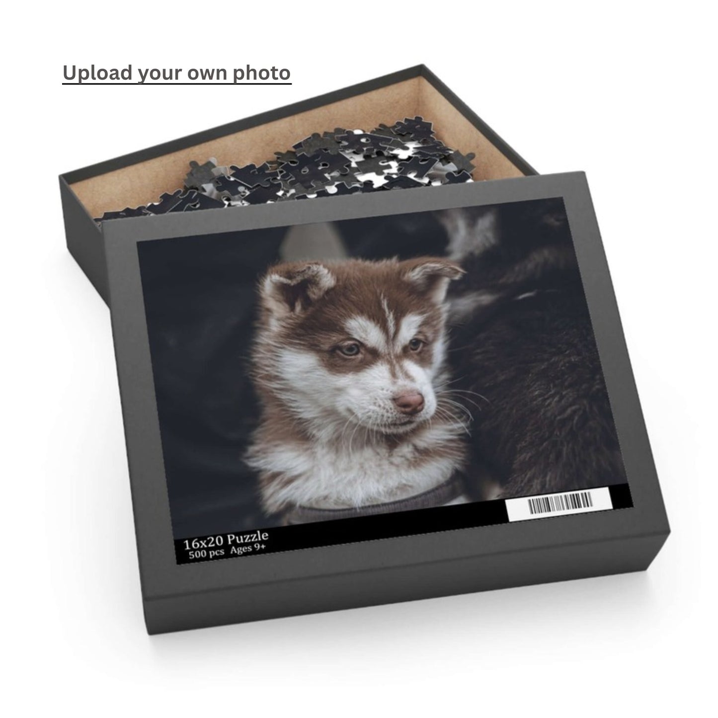 Custom puzzle box featuring a cute puppy design, perfect for family fun and memories.