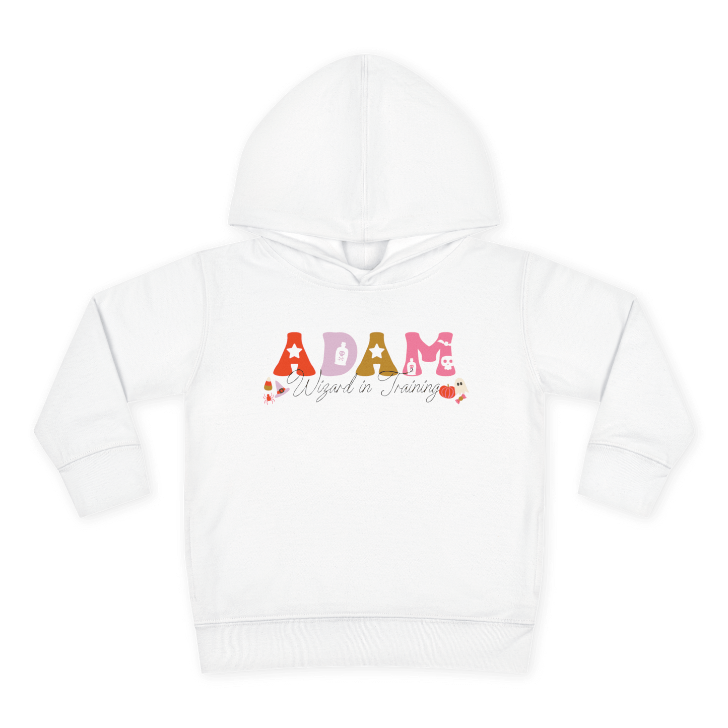 Spooky Toddler Hoodie – Personalized Halloween Pullover for Your Little Boo featuring "ADAM Wizard in Training" design.