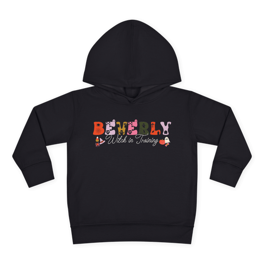 Spooky Toddler Hoodie – Personalized Halloween Pullover for Your Little Boo with name Beverly and Witch in Training.