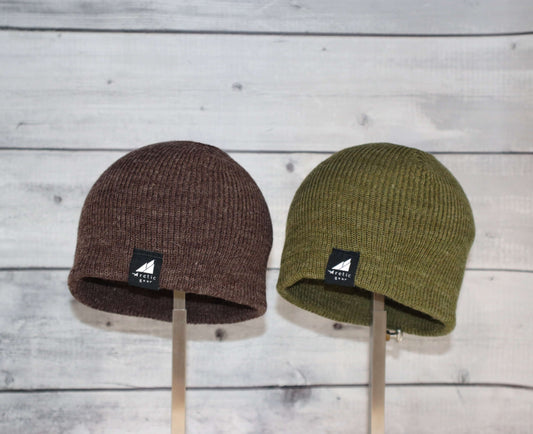 Toddler Acrylic Wool Beanie Multipack – Ages 1–3 in brown and green colors, perfect for warmth and cozy playtime.
