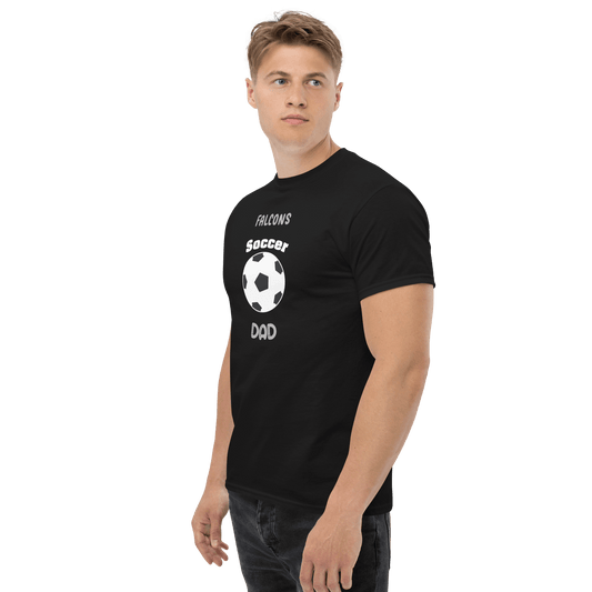 Custom black Soccer Dad tee with 'Falcons' and soccer ball design, perfect for soccer parents and fans.